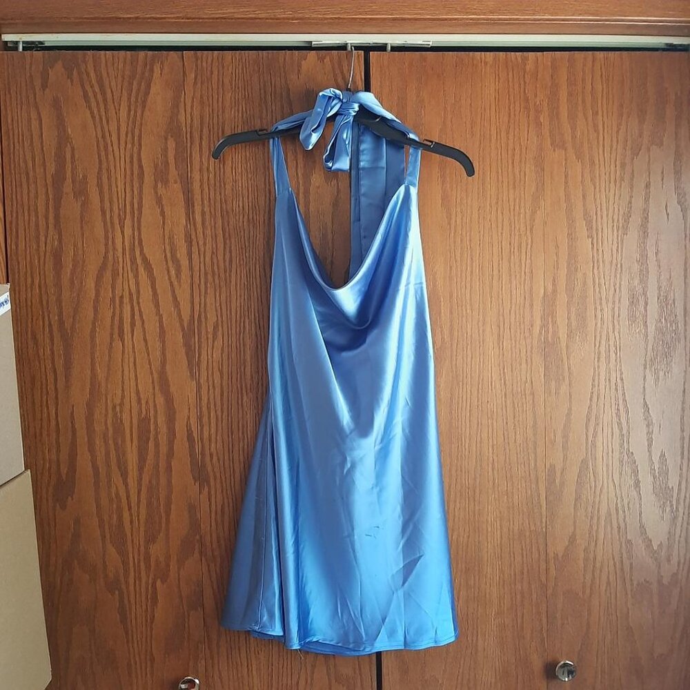 NEW ! Cantonwalker Cowl Halterneck Slip on Backless Satin Mini Dress Blue Size L